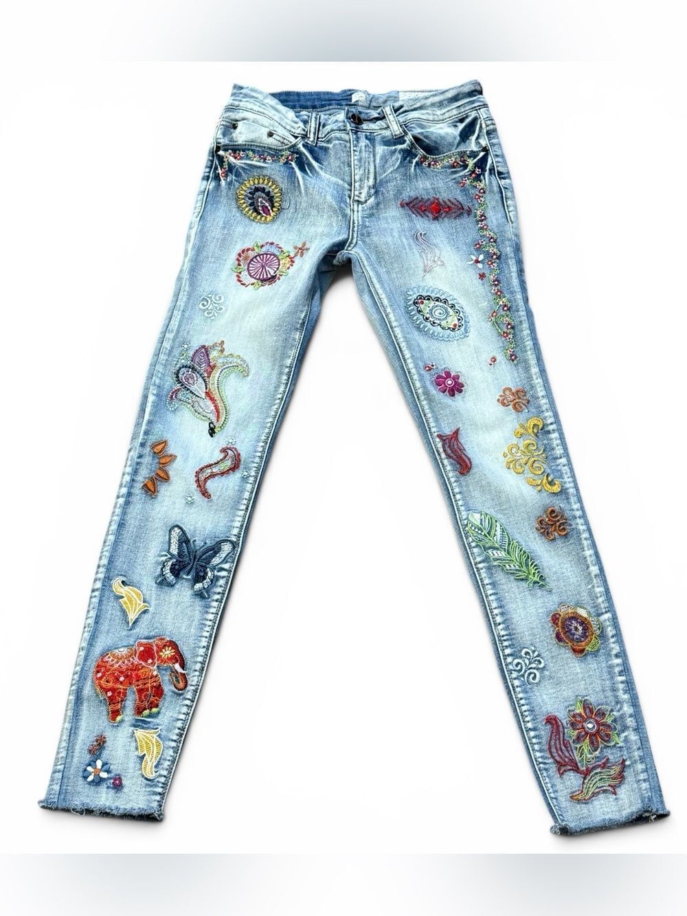 Banjara Brand Embroidered Skinny Leg Jeans Frayed Hem Size 25